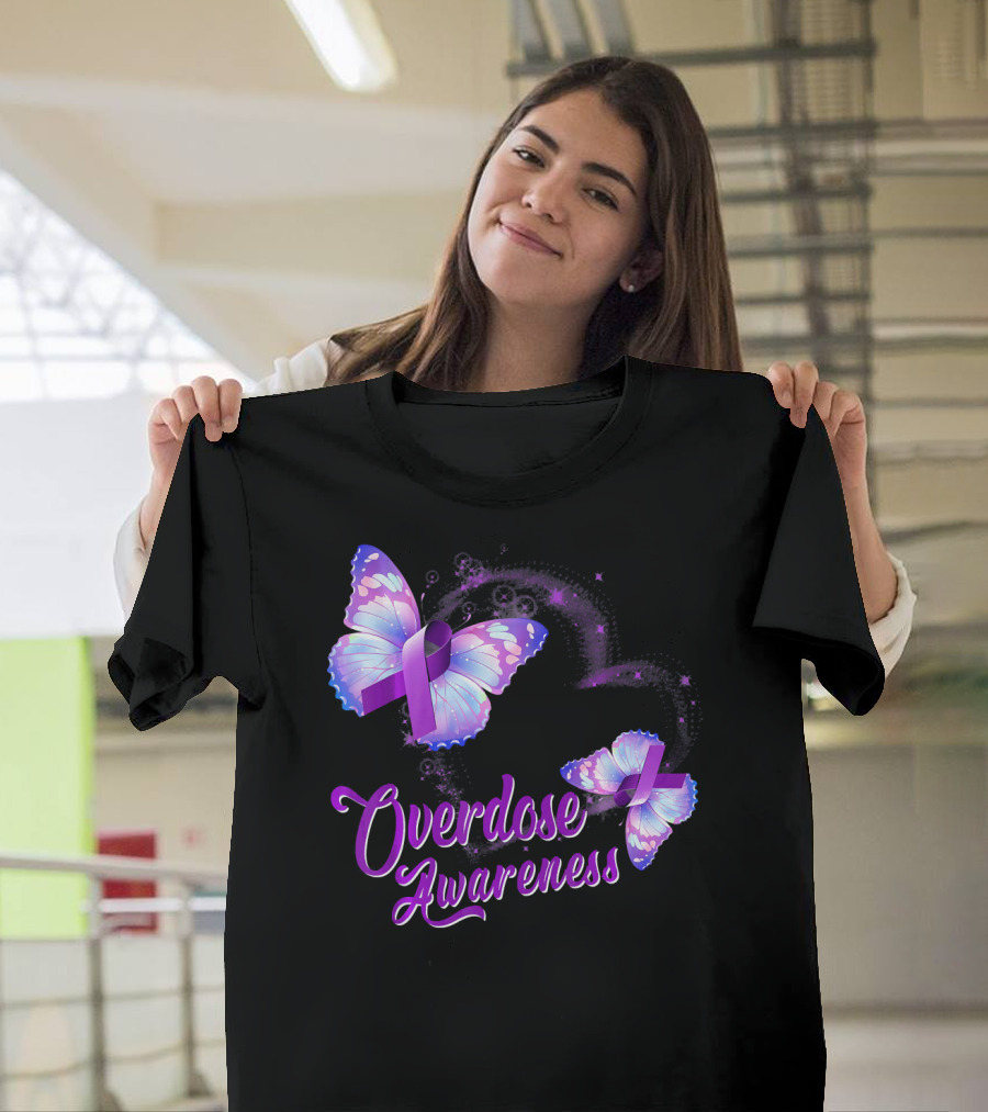 Overdose Awareness Butterfly Purple Ribbon Opioid Overdose T-Shirt