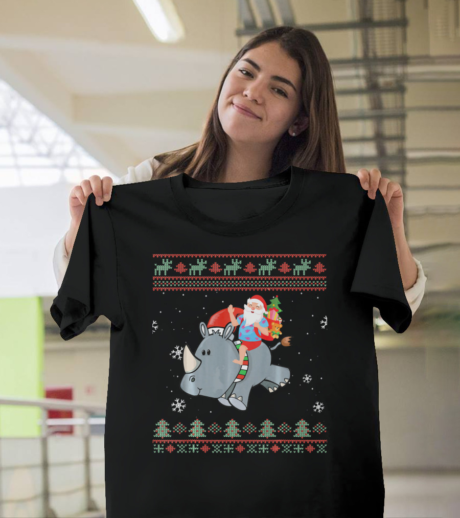 Christmas Rhino Santa Claus Ugly Xmas Co Snowflakes Reindeer Gift T-Shirt