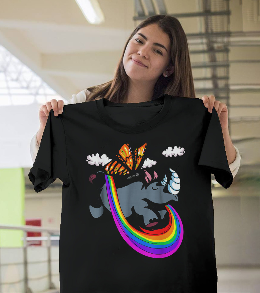 Butterfly Riding Rhino Magic Rainbow Jungle Clouds T-Shirt