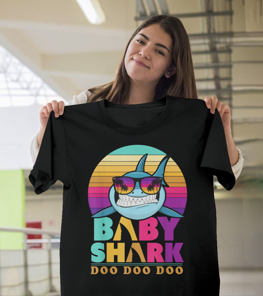 Baby Shark Doo Doo Doo Retro Sunset Sunglasses Palm Trees T-Shirt
