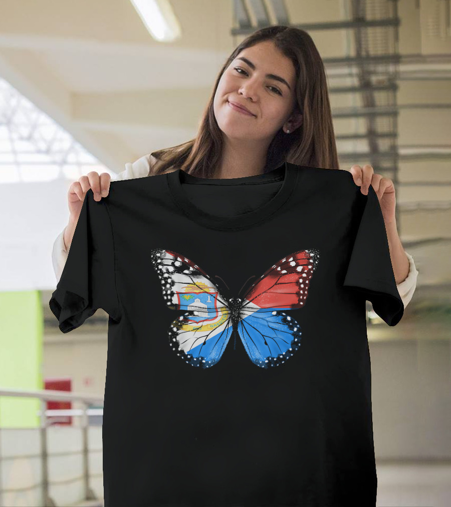 Butterfly with Sint Maarten Flag Pattern and Coat of Arms T-Shirt