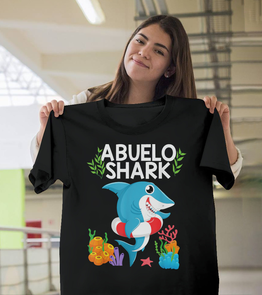 Abuelo Shark with Smiling Cartoon and Coral Scene T-Shirt