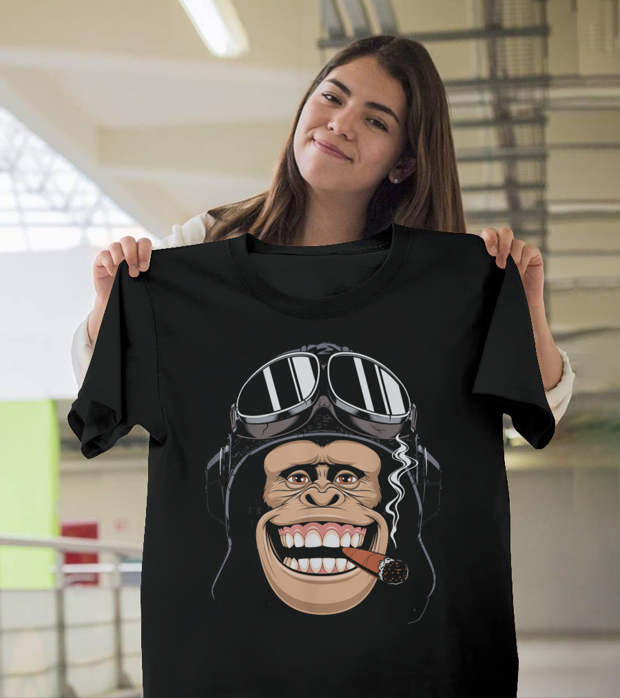 Chimpanzees Head with Cigar in Pilots Helmet T-Shirt