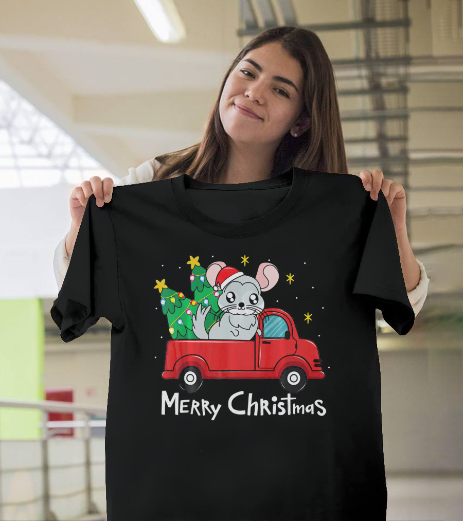 Merry Christmas Chinchilla Santa Hat Truck Tree T-Shirt