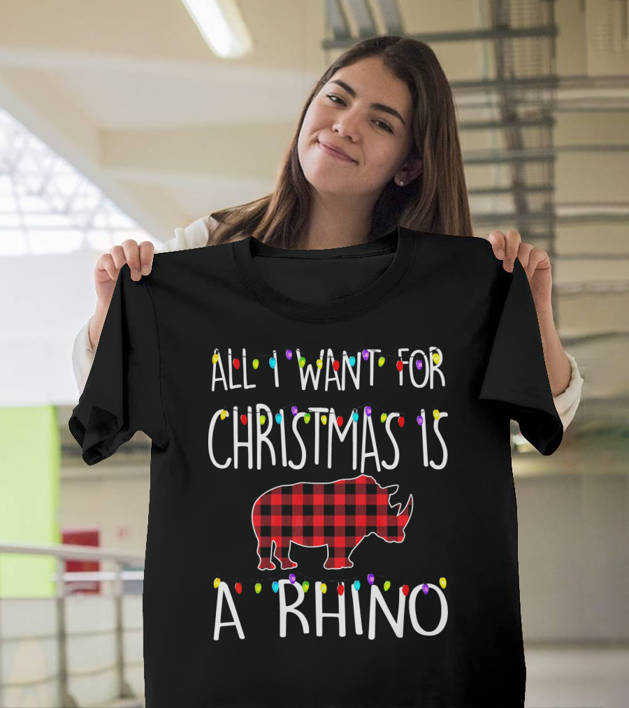 All I Want For Christmas Is A Rhino Buffalo Plaid Lights T-Shirt