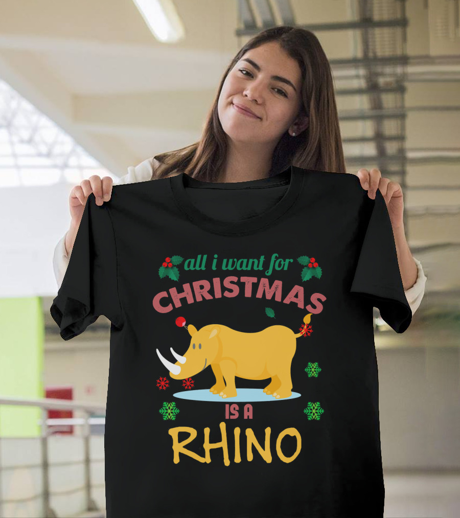 All I Want for Christmas Is a Rhino with Festive Holly and Snowflakes T-Shirt