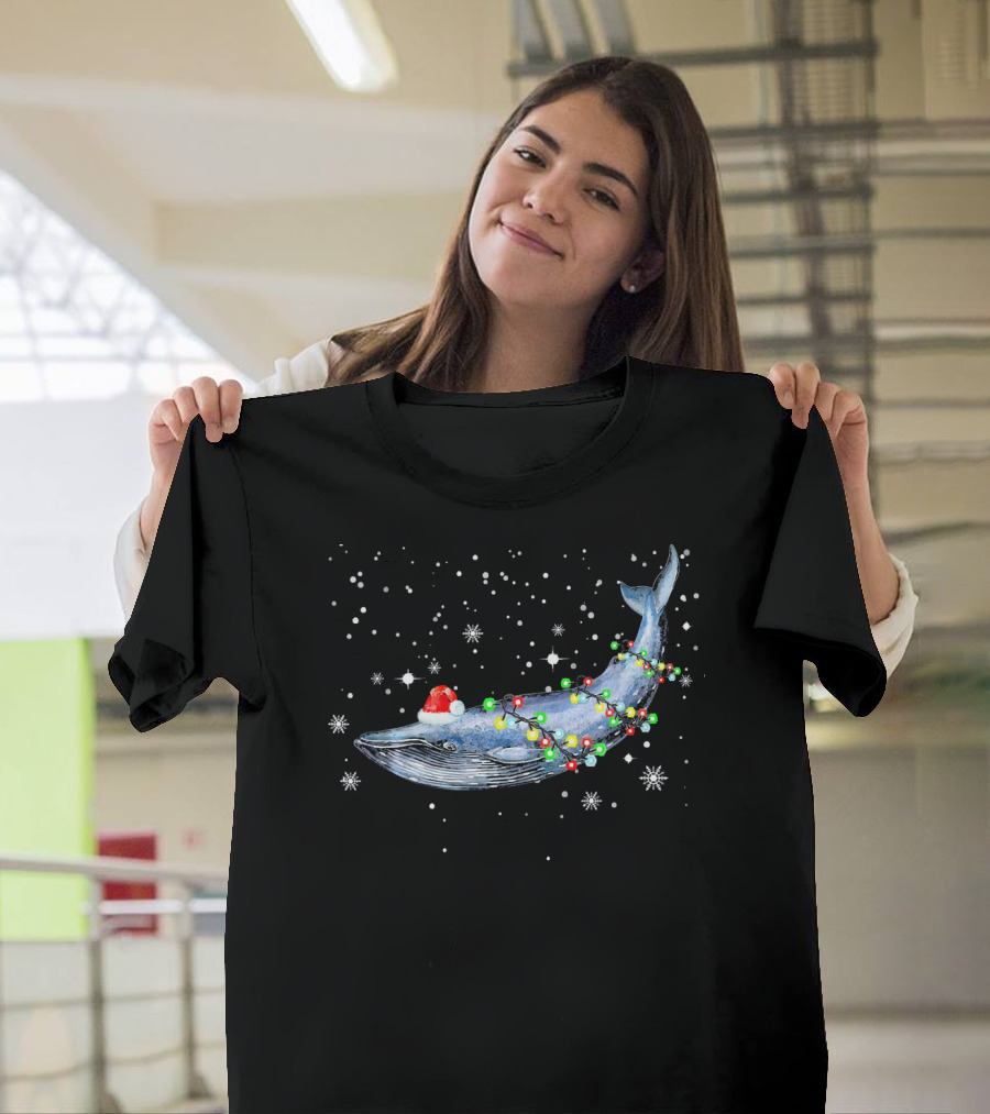 Blue Whale Santa Hat Wrapped with Christmas Lights in Snowy Night T-Shirt