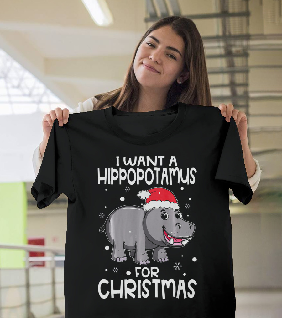 I Want A Hippopotamus For Christmas Snowflakes Santa Hat T-Shirt