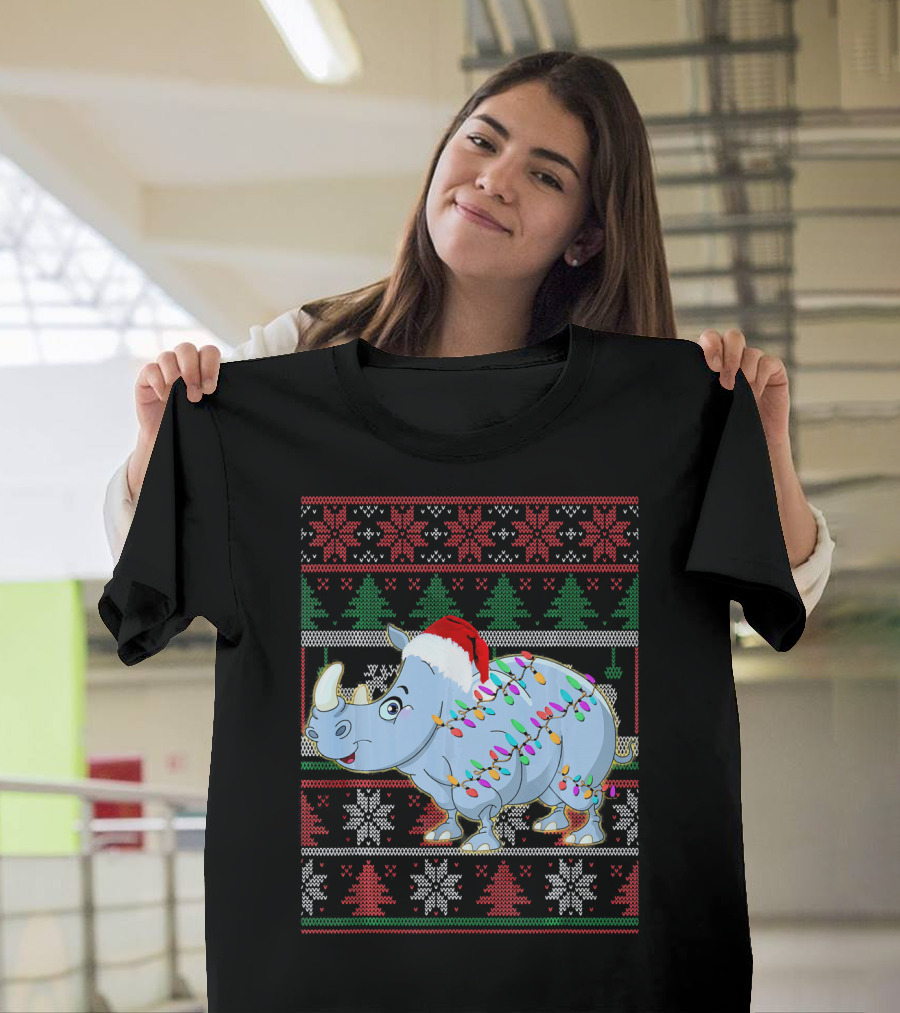Funny Rhino Santa Hat Christmas Lights Ugly Pajamas T-Shirt