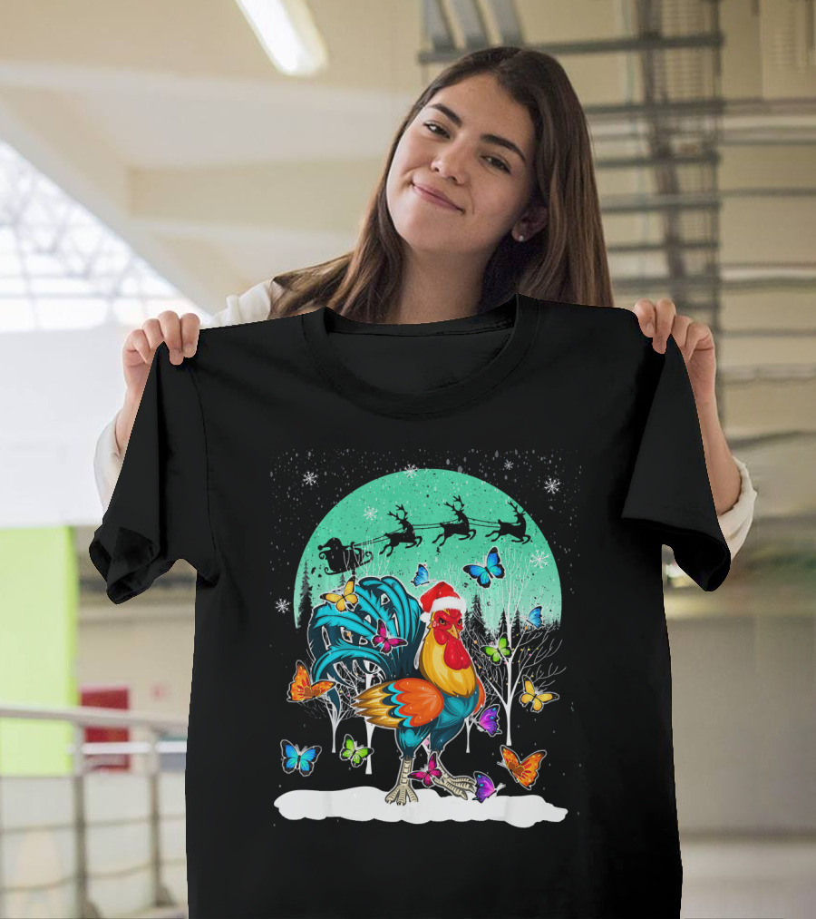 Cute Chicken Snow Christmas Butterfly Santa Claus Sleigh T-Shirt
