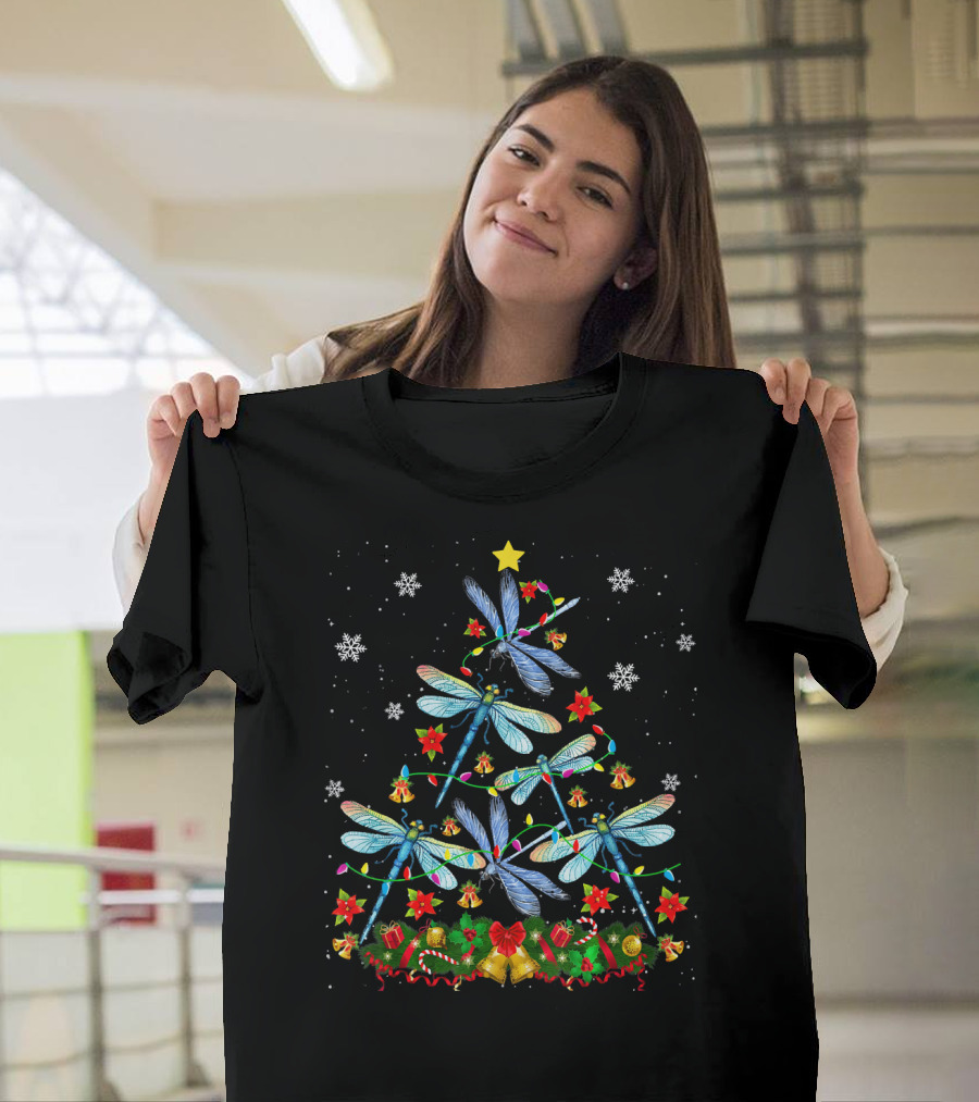 Dragonfly Christmas Tree Cute Insect Holiday Star Lights Snowflakes T-Shirt