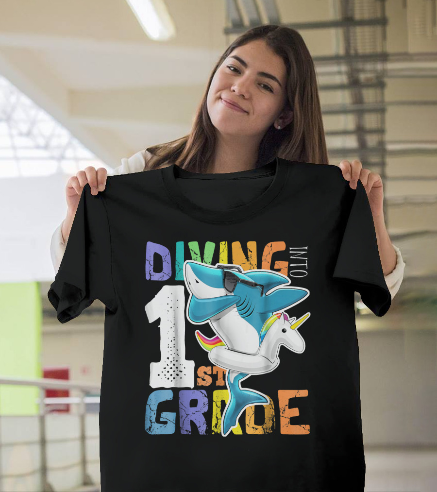 Diving Into 1st Grade Dabbing Shark with Inflatable Unicorn T-Shirt