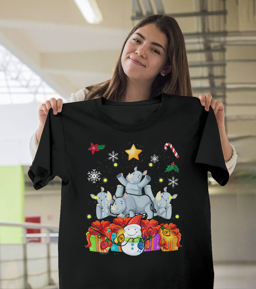 Funny Rhino Christmas Tree with Cute Snowman and Presents T-Shirt