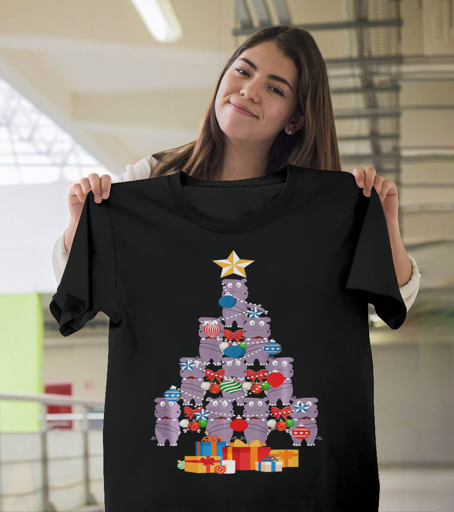 Flossing Hippopotamus Christmas Tree with Gifts and Ornaments T-Shirt