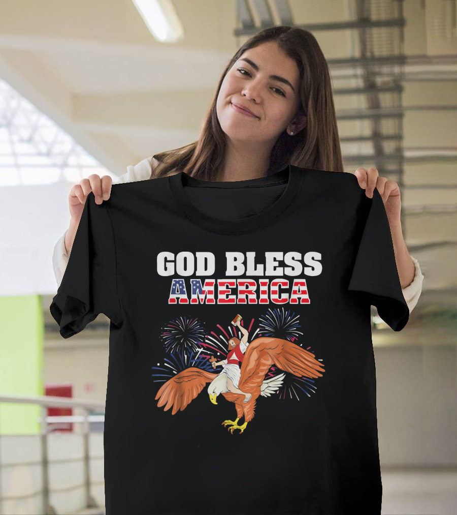 God Bless America Jesus Riding Eagle Fireworks T-Shirt