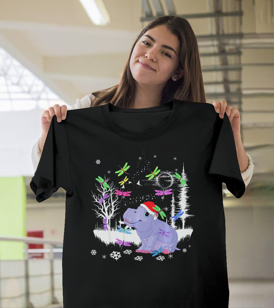 Cute Hippopotamus with Santa Hat and Colorful Dragonflies in Snowy Winter Forest T-Shirt