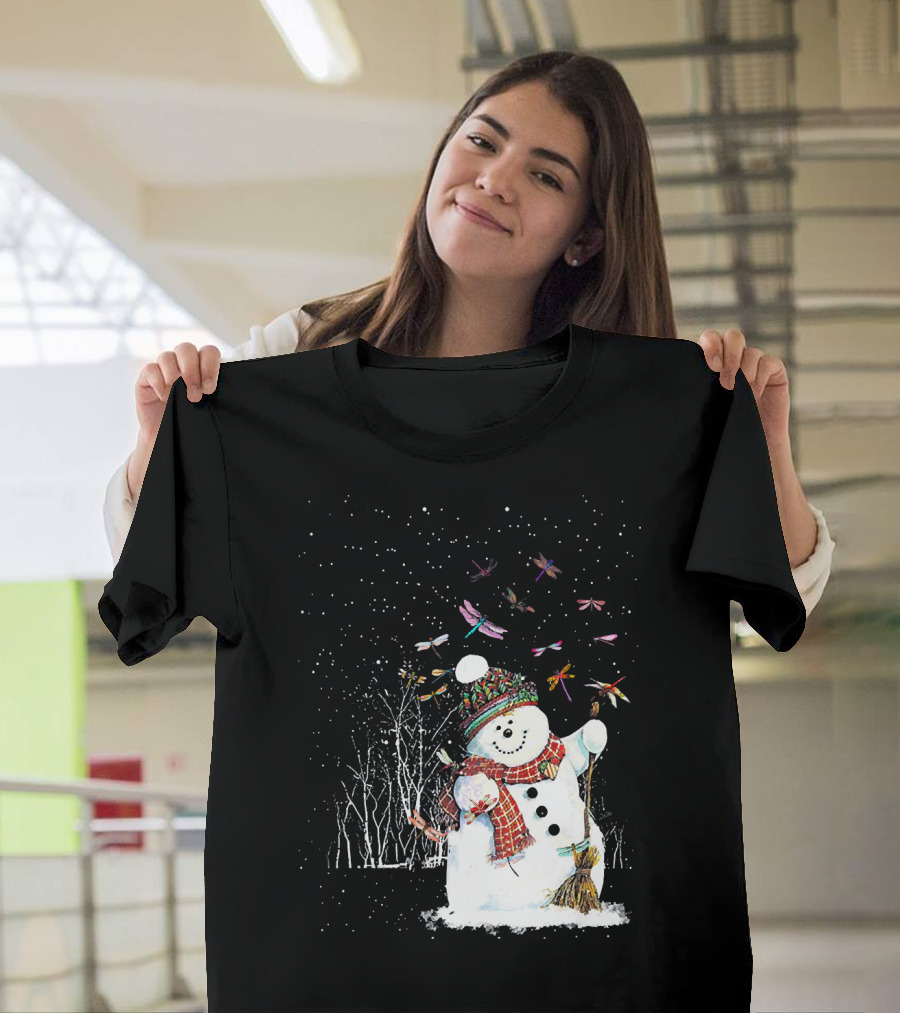 Dragonfly Christmas Snowman Surrounded by Festive Dragonflies T-Shirt