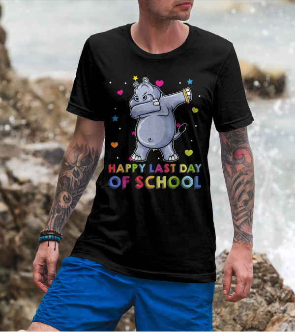 Happy Last Day Of School Dabbing Hippo With Colorful Hearts And Stars T-Shirt