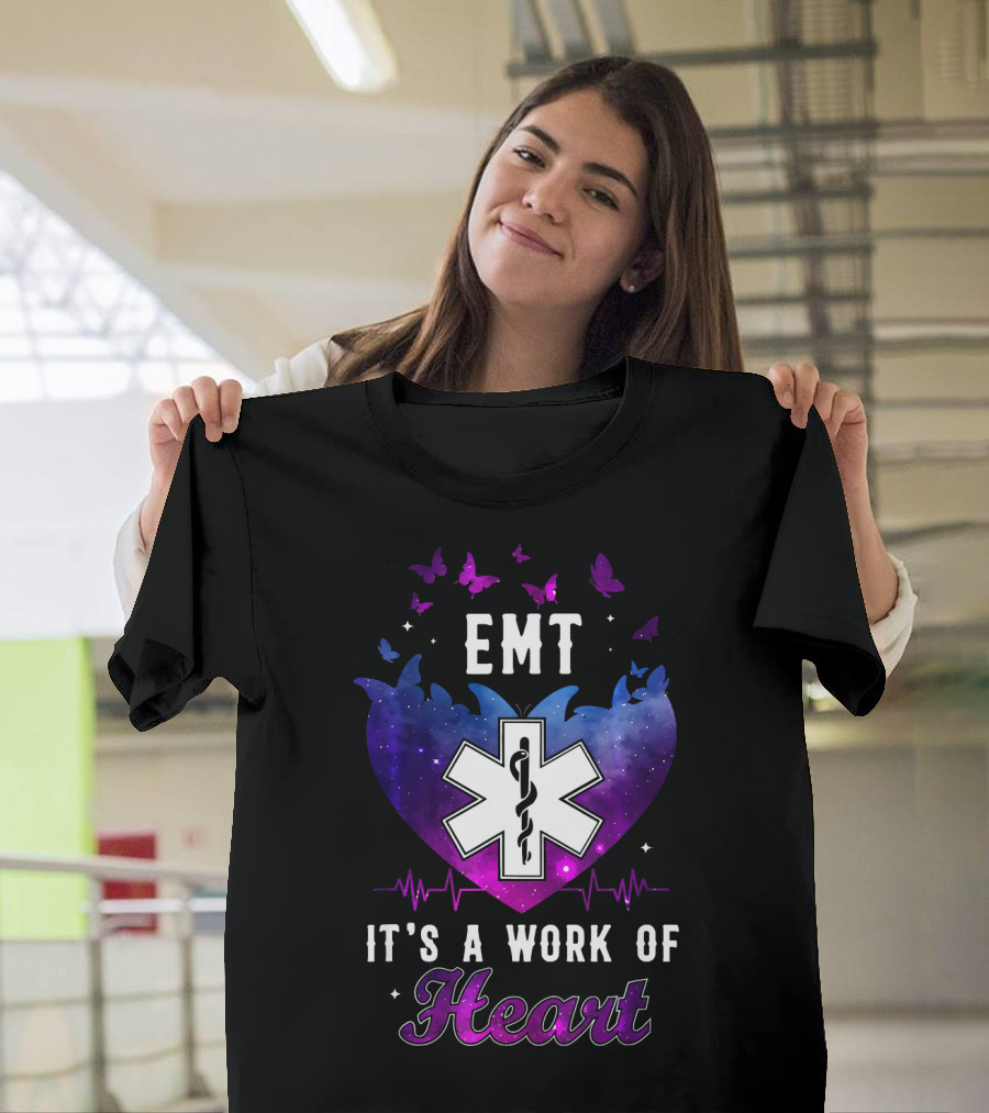 EMT It's A Work Of Heart Butterfly Star Of Life Galaxy T-Shirt