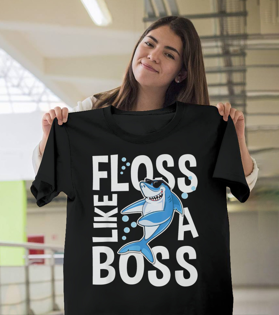 Floss Like A Boss Shark Cartoon with Sunglasses and Bubbles T-Shirt