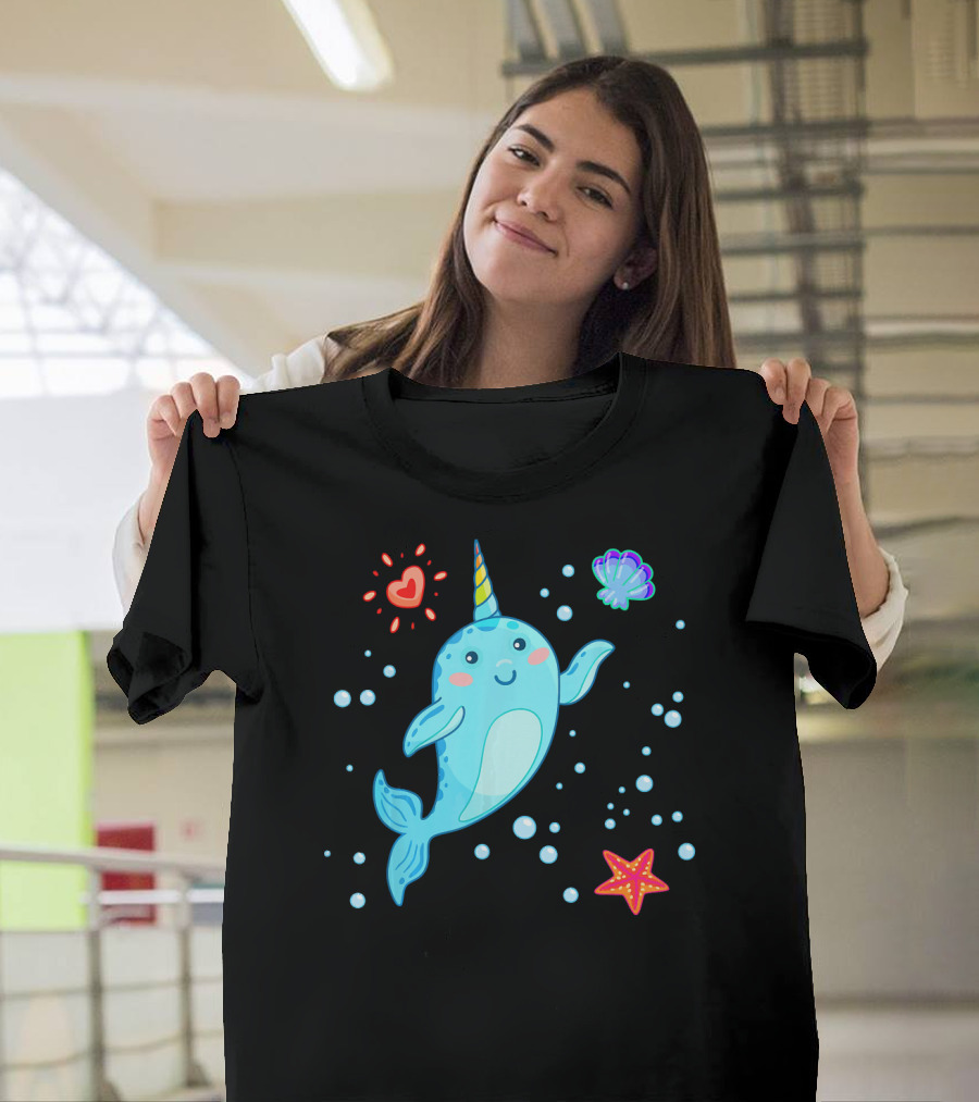 Kawaii Love Narwhals Unicorn Whale with Heart and Starfish T-Shirt