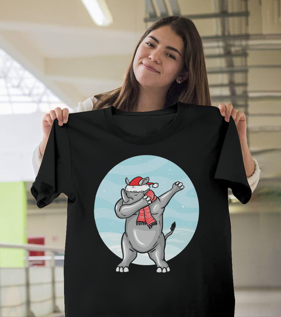 Funny Dabbing Christmas Santa Claus Rhino in Holiday Snow Scene T-Shirt