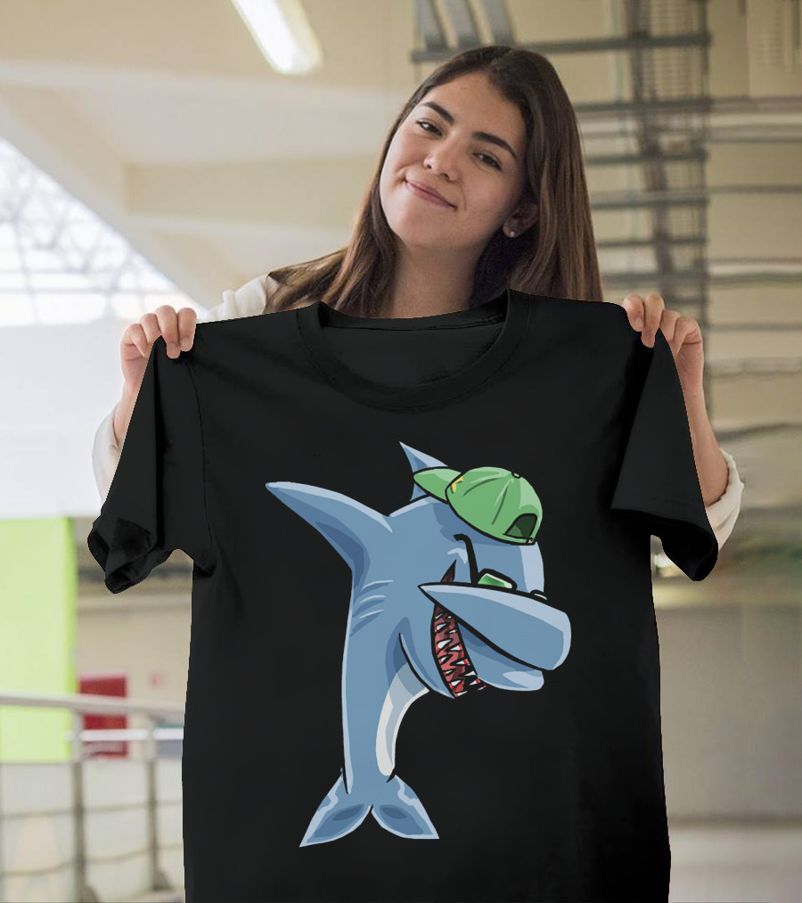 Funny Dabbing Shark Wearing Green Cap and Sunglasses T-Shirt