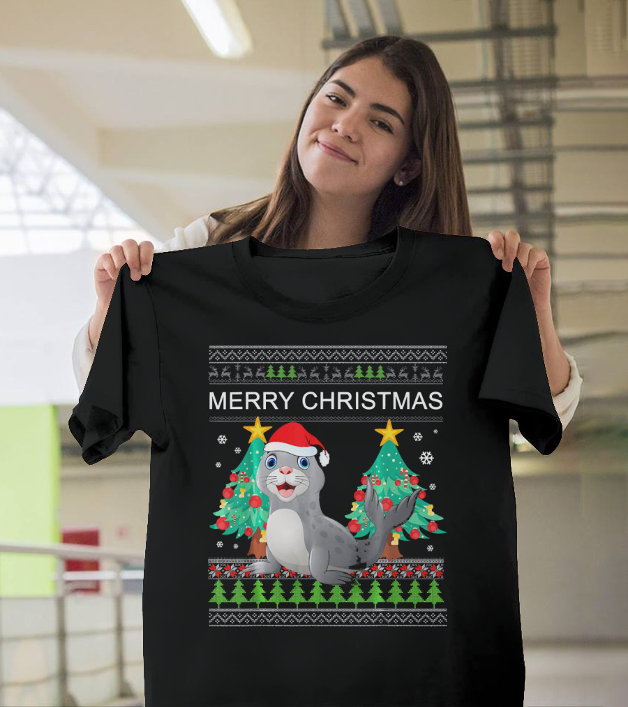 Merry Christmas Seal Funny Ugly Sweater Santa Hat Xmas Trees Snowflakes T-Shirt