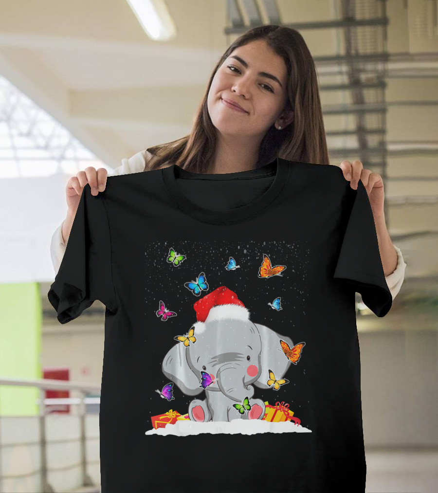 Lovely Elephant Christmas with Snow and Butterflies T-Shirt