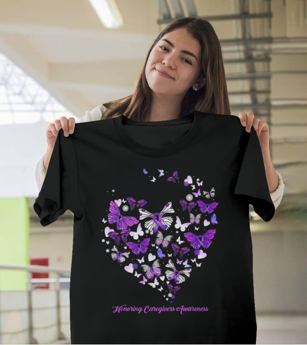 Honoring Caregivers Awareness Butterfly Heart Purple T-Shirt
