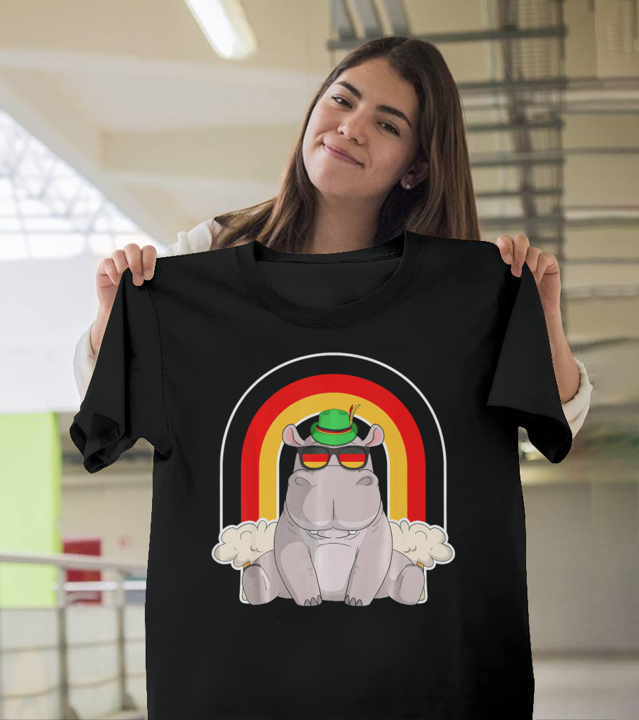 Hippopotamus Prost Oktoberfest Beer with German Rainbow T-Shirt