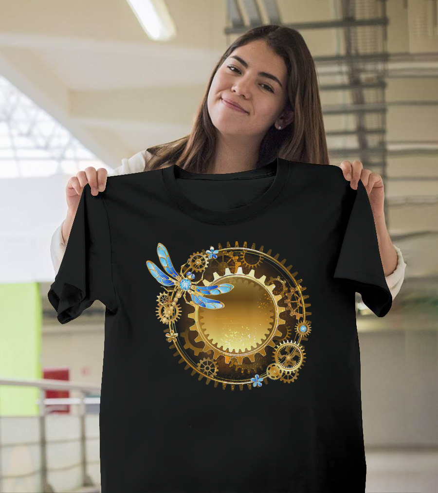 Steampunk Dragonfly Vintage Gear Cogs and Blue Accents T-Shirt