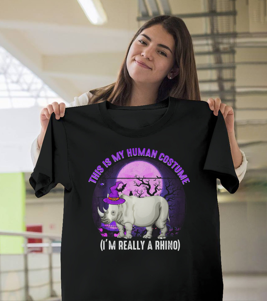 This is My Human Costume I'm Really a Rhino Halloween Moon Hat Trees T-Shirt