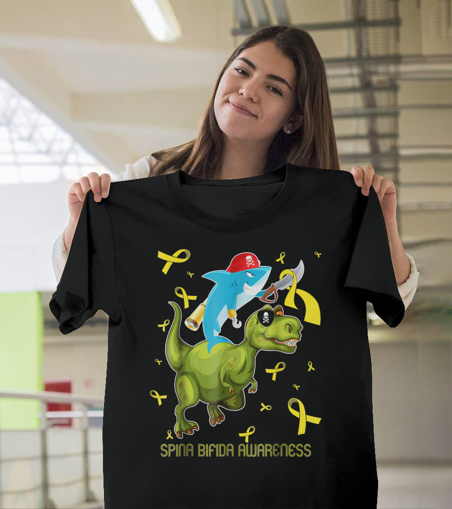 Spina Bifida Awareness Pirate Shark Riding Dinosaur T-Shirt