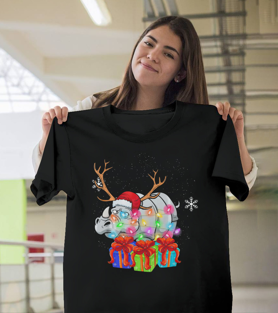 Funny Rhino Christmas Reindeer Hat Xmas Lights Gift Boxes Snowflakes T-Shirt