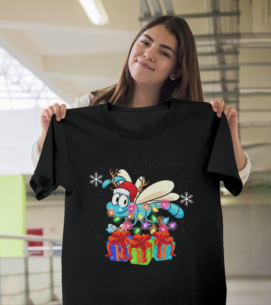 Funny Dragonfly Christmas Lights Santa Hat Reindeer Gifts Snowflakes T-Shirt