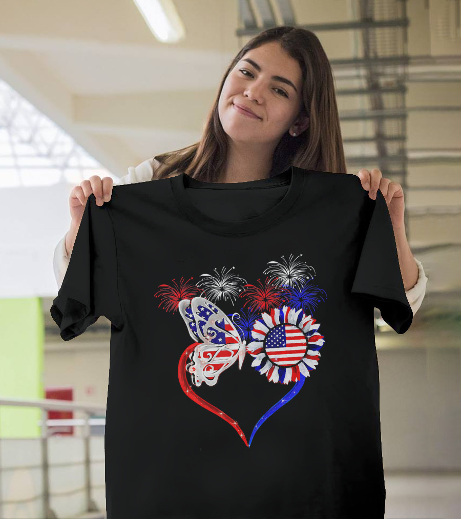 Fireworks Butterfly Love Sunflower American Flag Heart T-Shirt