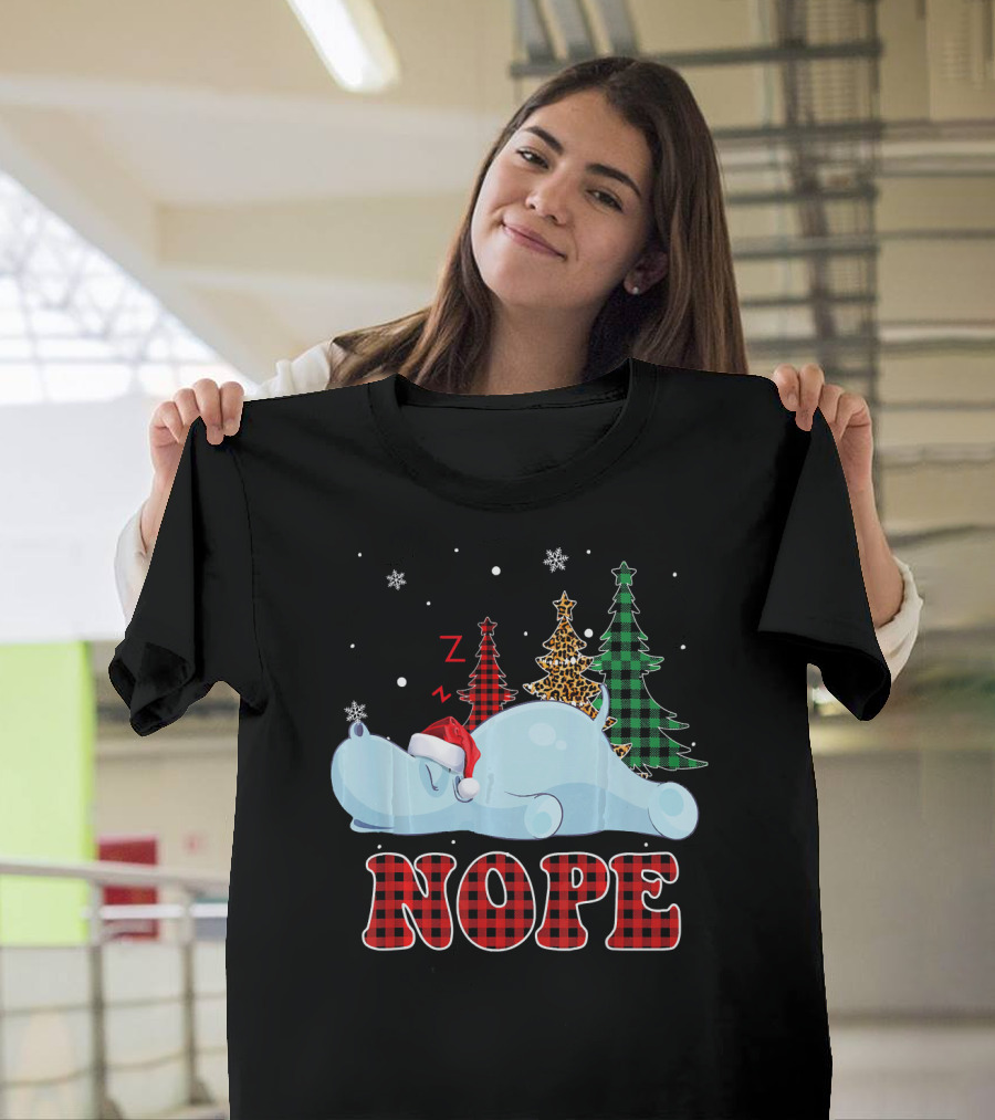 Funny Christmas Hippopotamus Nope Santa Hat Plaid Trees Snowflakes T-Shirt