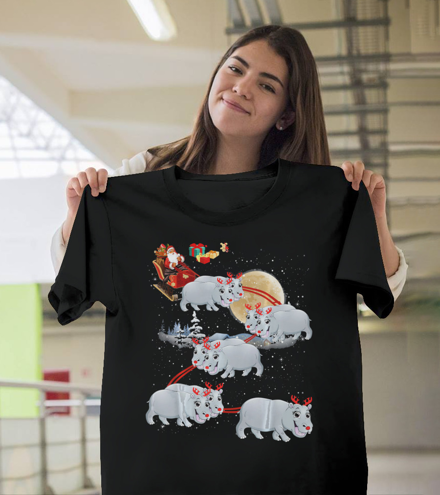 Santa in Sleigh with Hippo Reindeer and Christmas Moon Scene T-Shirt