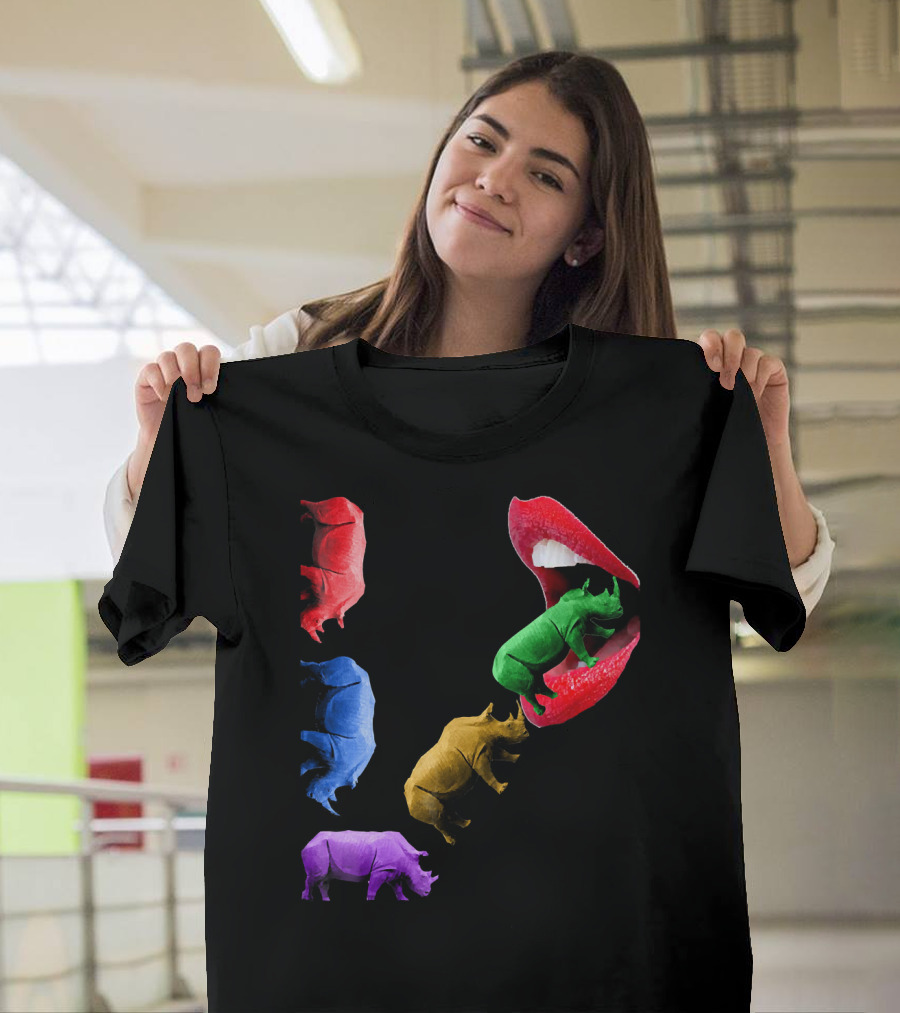 Rhino Parade Crazy Novelty Colorful Rhinos and Lips T-Shirt