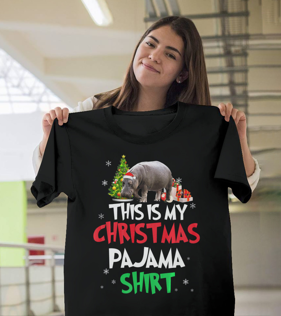 Christmas Pajama Shirt Santa Hippopotamus Christmas Tree T-Shirt