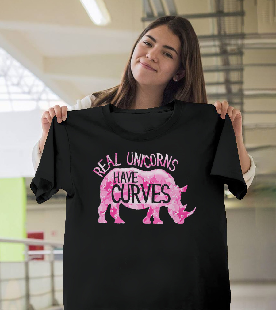 Real Unicorns Have Curves Funny Rhino Un Pink Patterned Rhinoceros T-Shirt