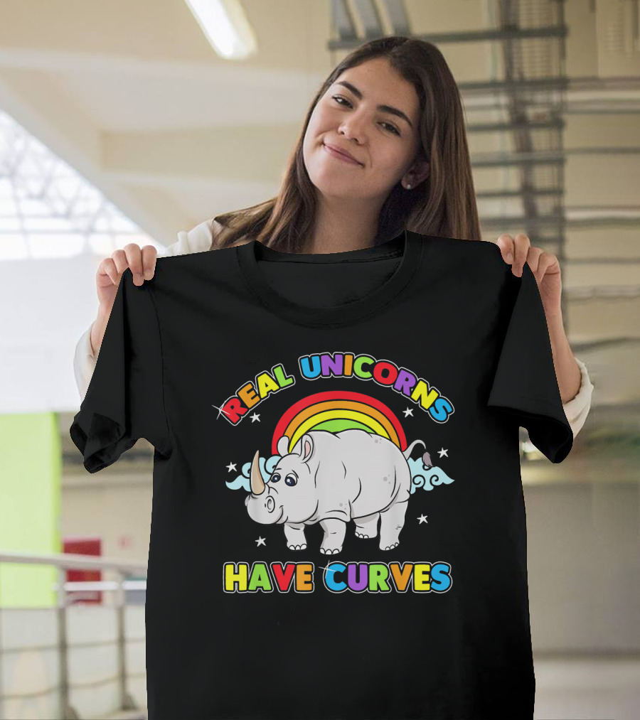 Real Unicorns Have Curves Rainbow Rhino Stars T-Shirt