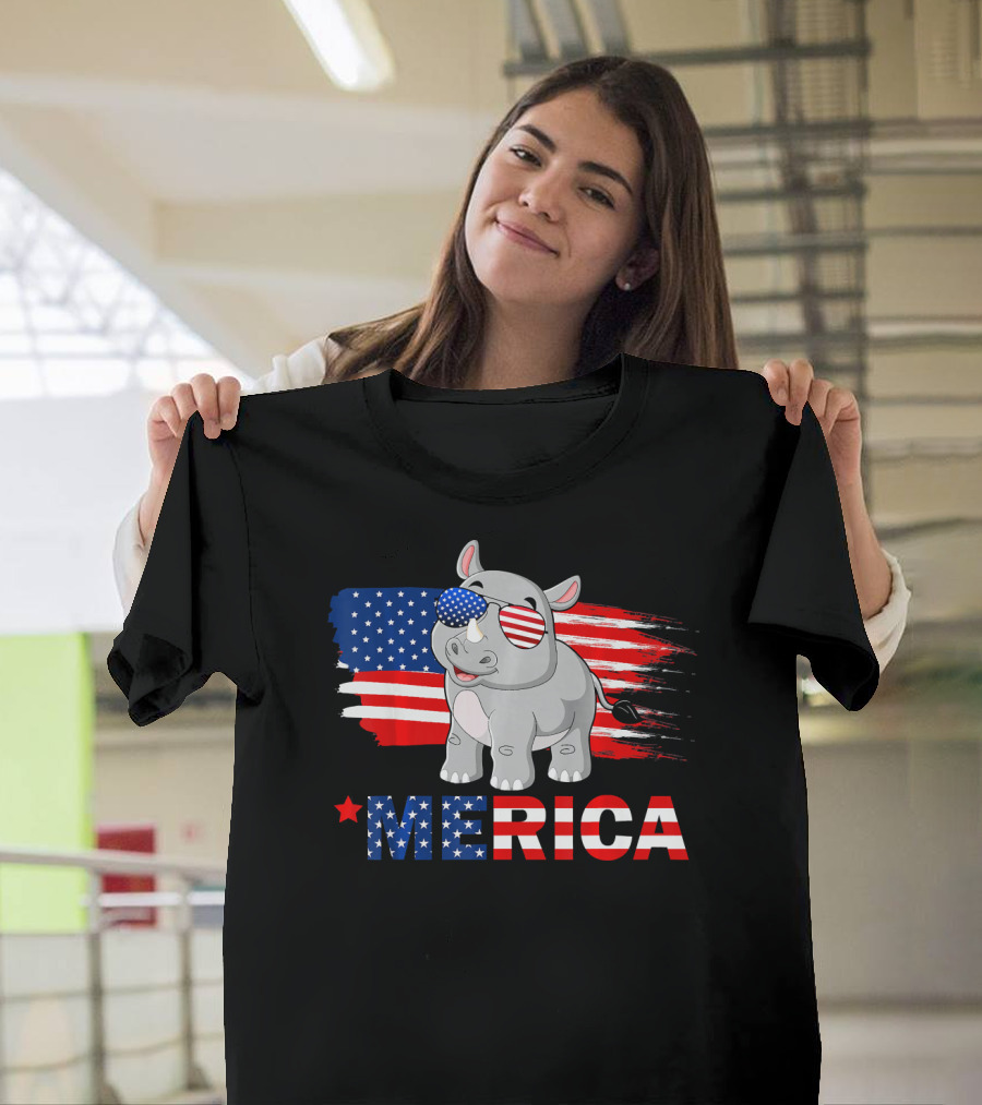 Merica Rhino American Flag Sunglasses Patriotic T-Shirt