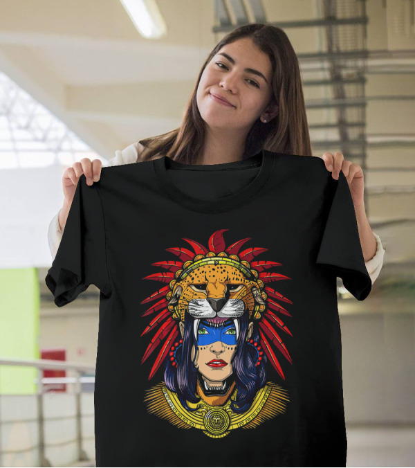 Aztec Jaguar Warrior Native Mexican Maya Headdress And Face Paint T-Shirt
