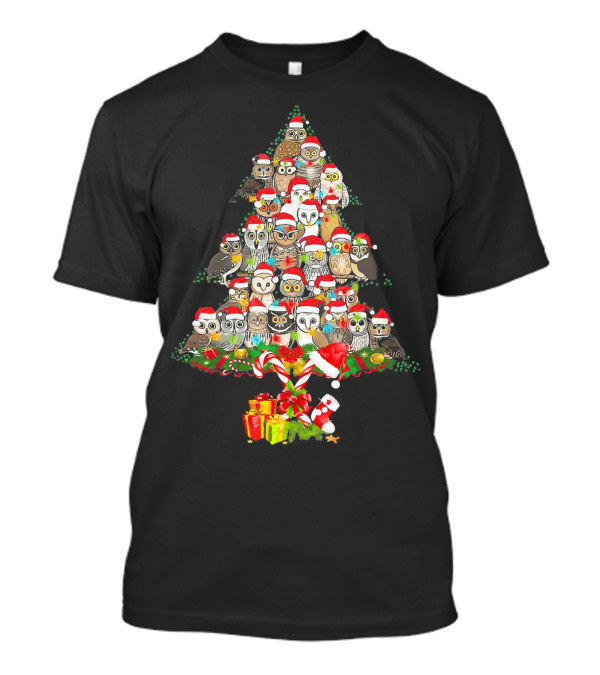 Christmas Owls Pine Tree Santa Hats Festive Owl Lovers Holiday Owls T-Shirt