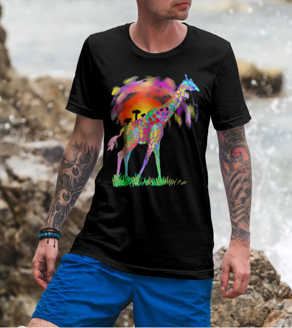 Colorful Rainbow Giraffe With African Sunset T-Shirt