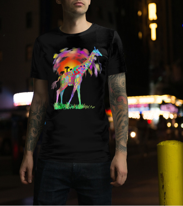 Colorful Rainbow Giraffe With African Sunset T-Shirt