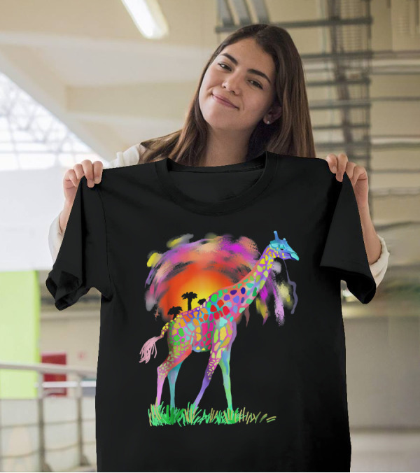Colorful Rainbow Giraffe With African Sunset T-Shirt