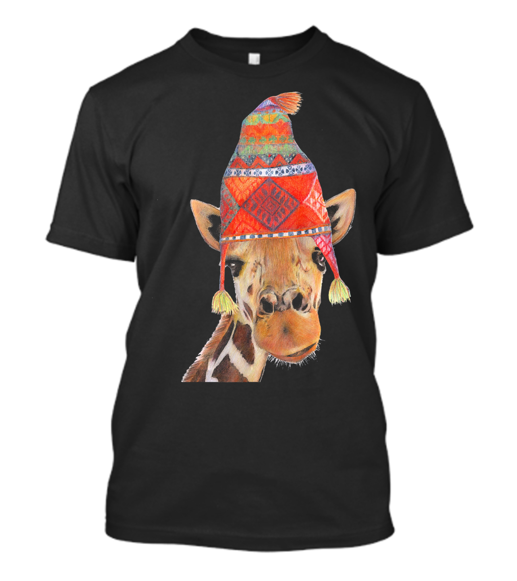 Cute Giraffe Wearing Patterned Winter Beanie Peruvian T-Shirt